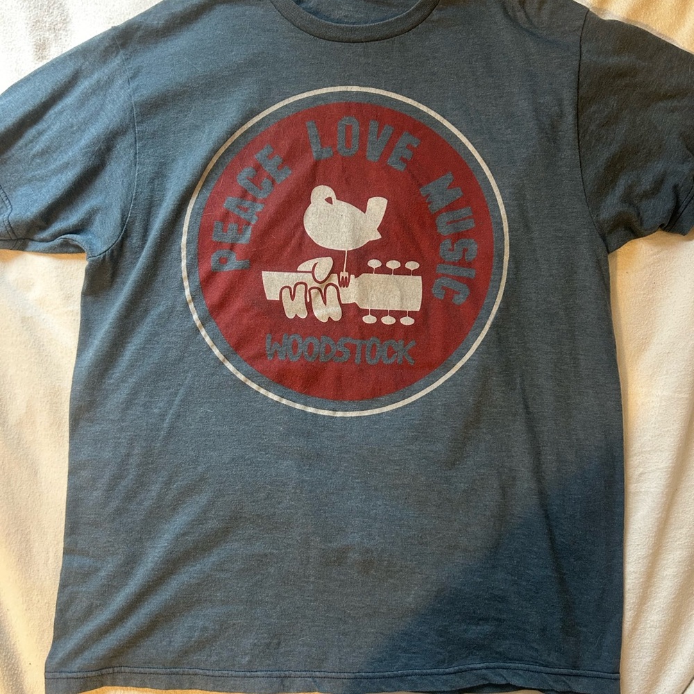 Woodstock 'Peace Love Music' Graphic Tee - Blue with Red/White Logo